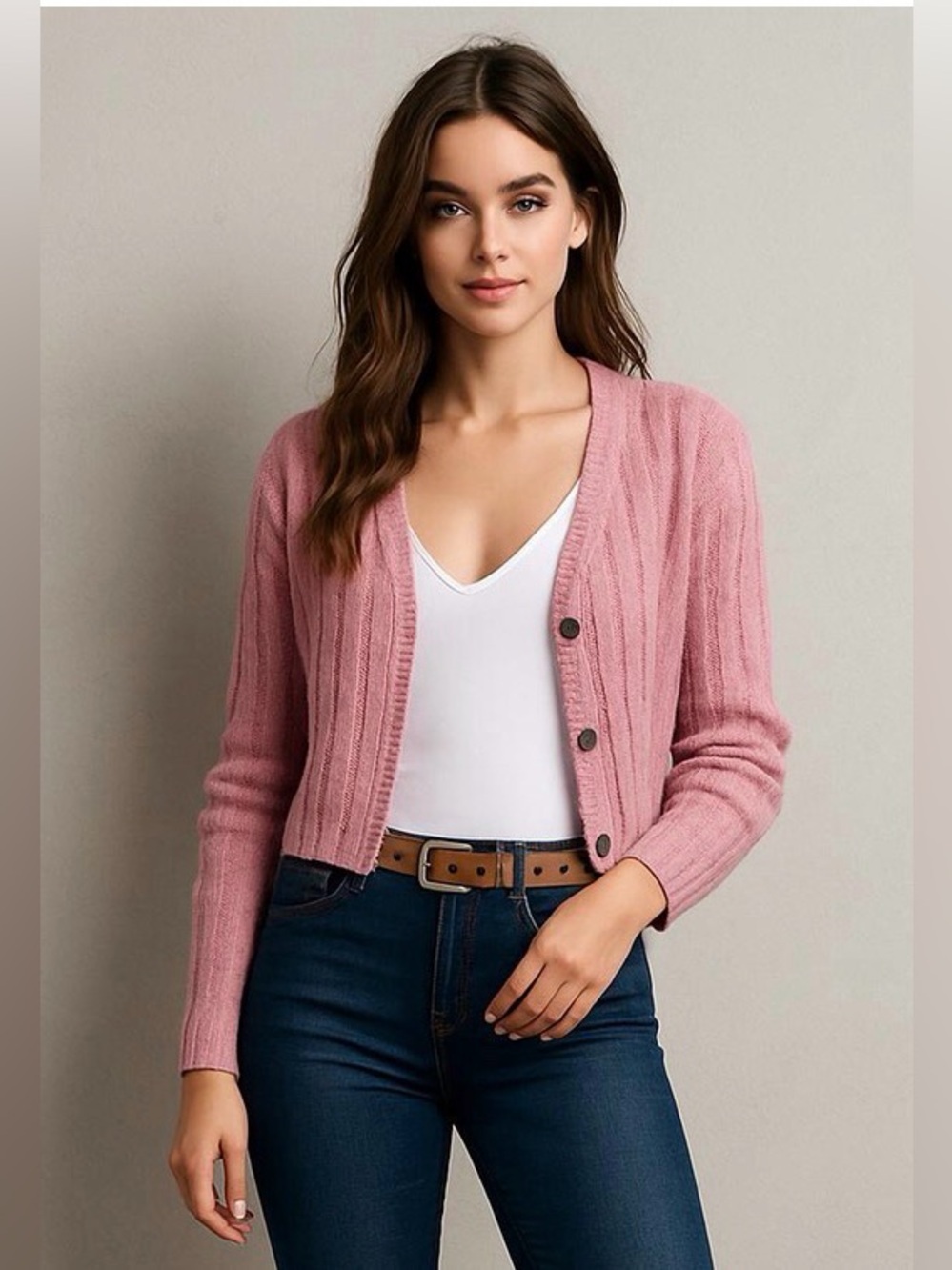 American Eagle Cropped, Ribbed v-Neck Button Up Sweater, Pink, Size XS
